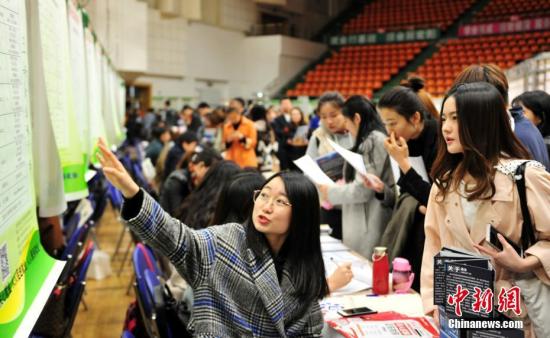 资料图：学生在双选会现场寻找合适的职位。/p中新社记者 于海洋 摄